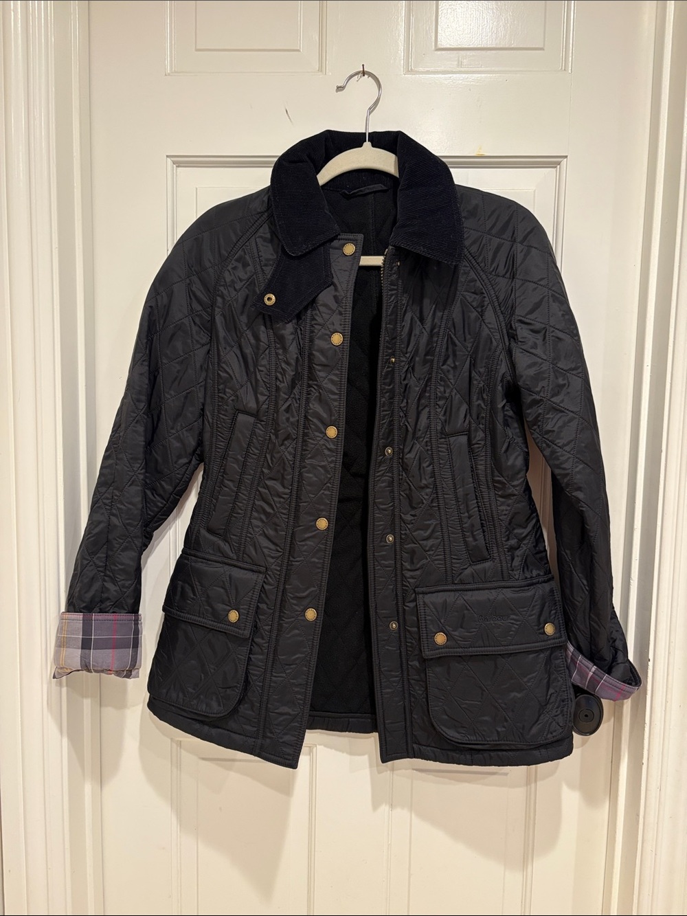 Barbour Black Quilted Utility Jacket with Cord Collar and fleece lining